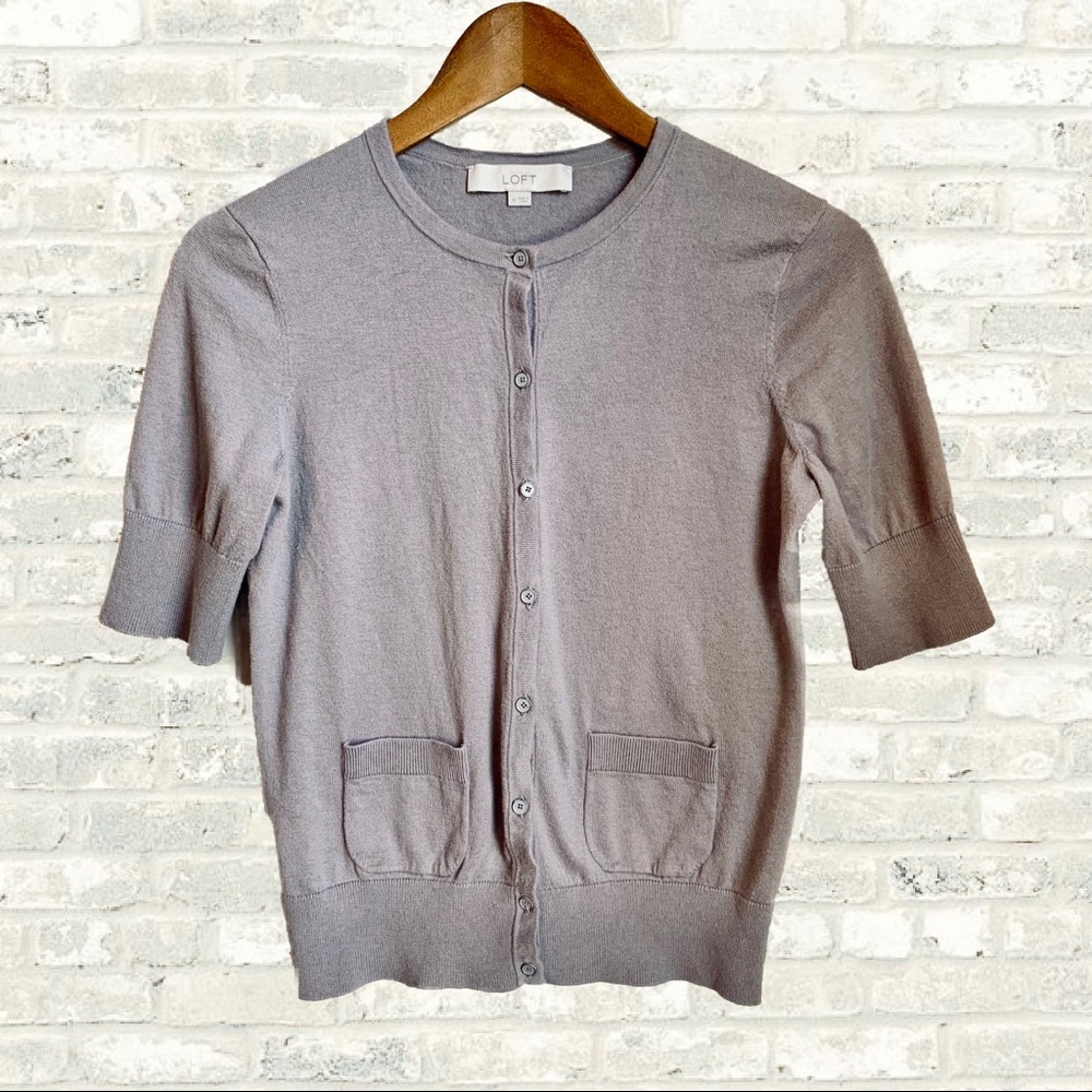 LOFT Short Sleeve Crew Neck Patch Pocket Cardigan